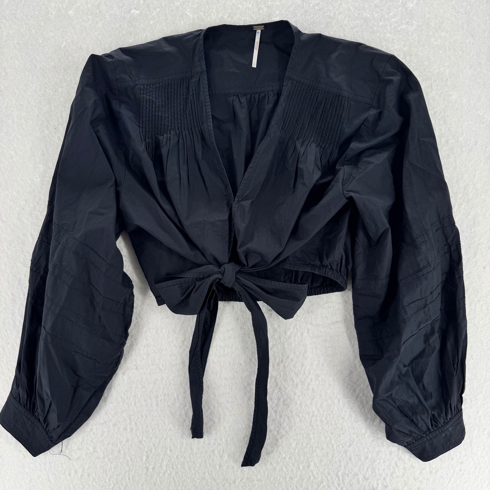 Free People - Tie Front Balloon Sleeve Pintuck Crop Top - Black - S - Womens